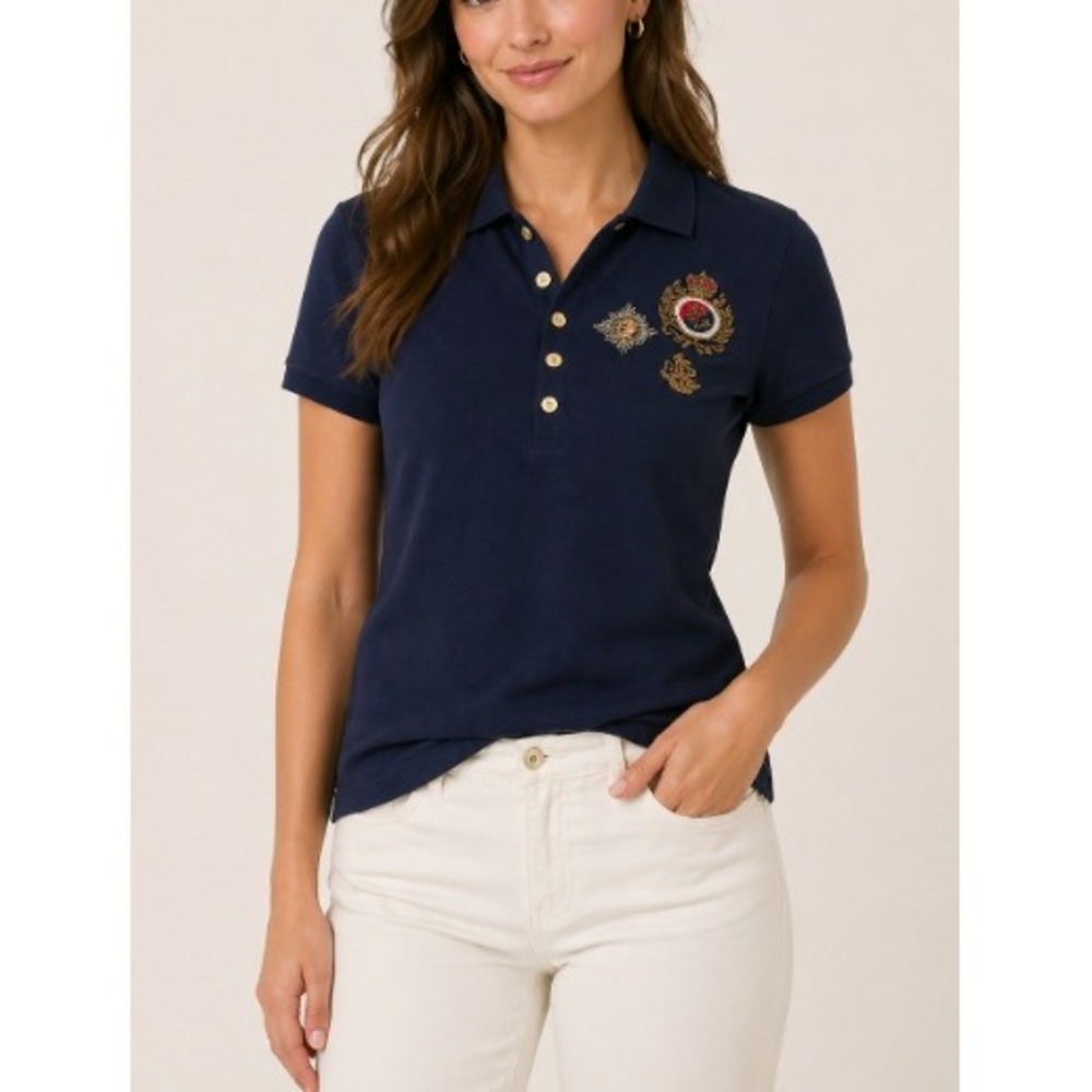 Ralph Lauren Women's Navy Beaded Crest Kiewick SS Pique Polo Shirt Size 2X NWT